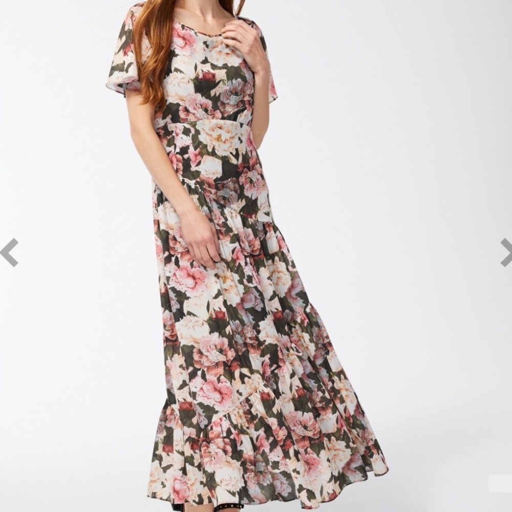 Chico's Black Label Tiered Flounce Dress Floral Pink Print Size 6 NWT Feminine